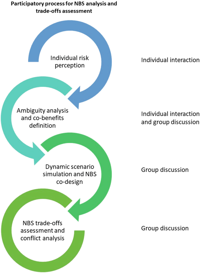 A four-step approach depicts participatory process for N B S analysis and trade-offs assessment. The steps include individual risk perception, ambiguity analysis and co-benefits definition, dynamic scenario simulation and N B S co-design, and N B S trade-offs assessment and conflict analysis. The processes are either by individual interaction and group discussion.