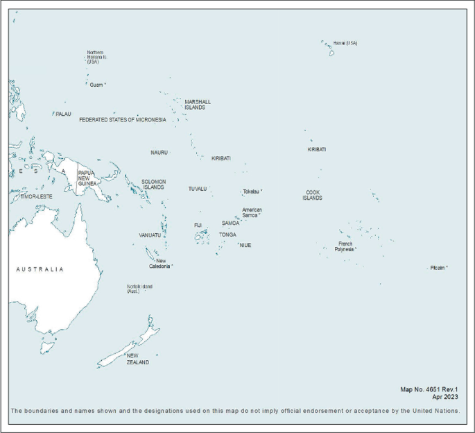 A map of the Pacific region with several regions marked. It includes Solomon Islands, Nauru, Tuvalu, Kiribati, Vanuatu, Tonga, Samoa, and Fiji are to the east of Australia and Papua New Guinea.