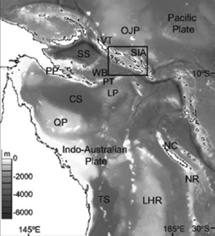A map of Indo-Australian plate and Pacific plate. There are labels for, O J P, V T, S S, P P, W B, S I A, P T, L P, C S, Q P, N C, N R, L H R, and T S. A box is placed around S I A.