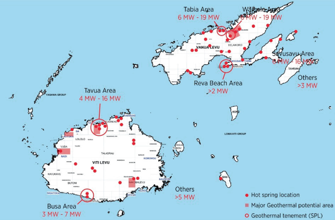 A map for the geothermal potential of Fiji. It marks the hot spring locations, major geothermal potential areas, and geothermal tenement.