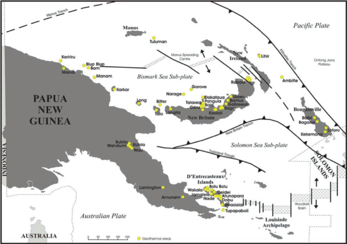 A map of Papua New Guinea. It marks the geothermal areas present in the region between the Pacific Plate and Australian Plate. The regions are, Tuluman, Narage, Long, Karkar, Manam, Wau, Amunam, etcetera.