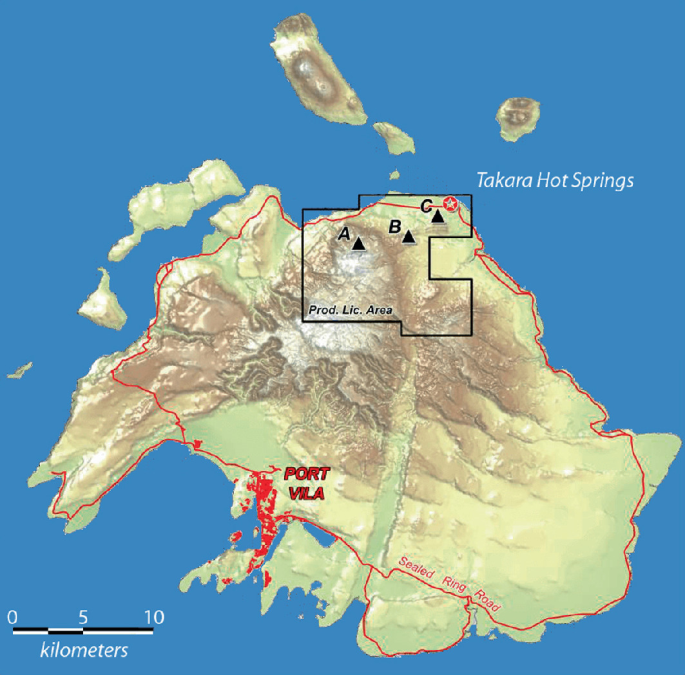 A map of Vanuatu marks the geothermal areas and active volcanoes. Efate has geothermal points. Ambrym, Erromango, and Malakula have active volcanoes. Banks Islands, Aoba, Epi, and Tanna have both.