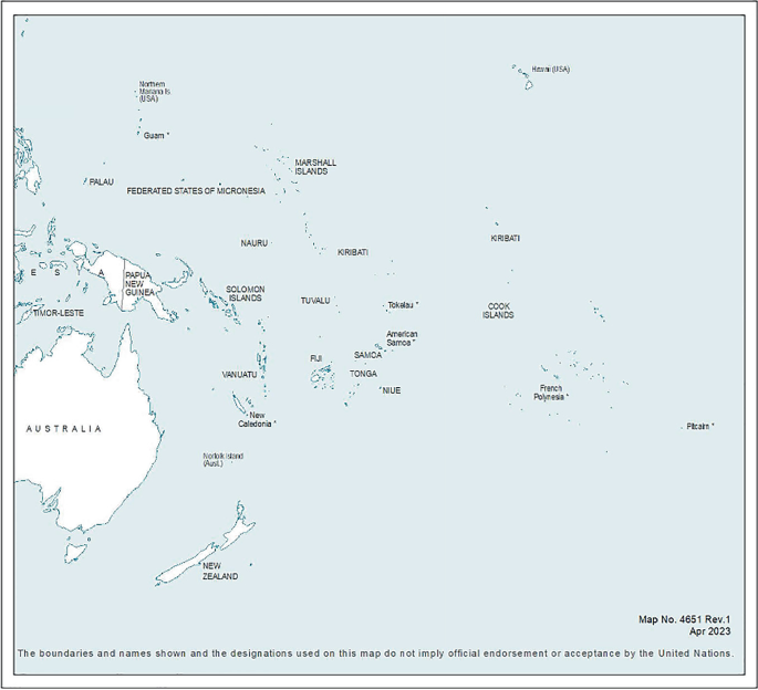 A map highlights the countries and territories of the Pacific islands, with their names and boundaries. The Islands include Fiji, Solomon Island, and Marshall Island. The map also highlights Australia and New Zealand.