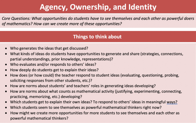 A chart reads, agency, ownership, and identity, with core questions. The subtitle below reads, things to think about, with ten questions. The questions focus on ideas, roles, and opportunities.