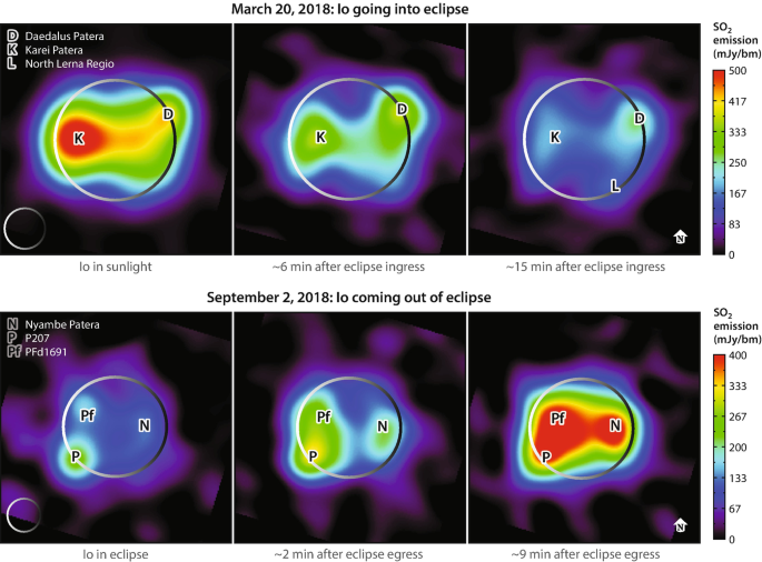 2 sets of heat map for march 20, 2018 and september 2, 2018 of I o going and coming in and out of eclipse respectively. Both set plots I o in sunlight and eclipse, 6 and 2 minutes after eclipse ingress and egress, 15 and 9 minutes after eclipse ingress and egress respectively. The highest value is present in I o in sunlight within the ring Daedalus Patera, at Karel Patera, and in 9 minutes after eclipse egress withing the ring P 207, at P F d 1691 and Nyambe Patera.