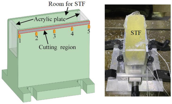 A 3-D illustration and a photograph of the experimental setup. The parts labeled are room for S T F, 2 acrylic plates, and a cutting region labeled from 1 to 5. In the photograph, S T F is placed between the acrylic plates.