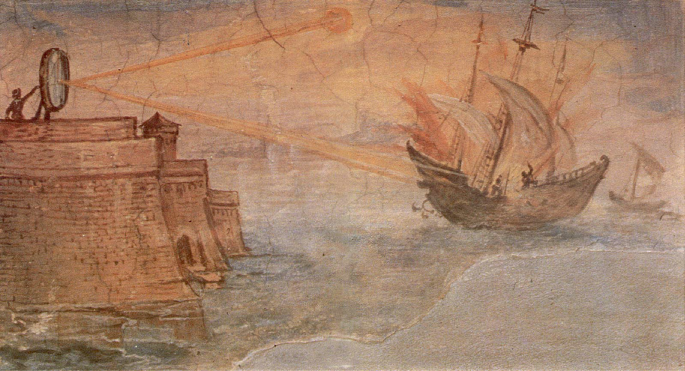 A painting depicts a ship with sails approaching a huge fortress on the seashore. A figure stands behind a giant glass lens, directing it toward the sun. Rays from the sun fall on the lens and get reflected onto the ship.