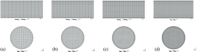 At the top are 4 rectangular grids. Below are 4 circular meshes. A is a mesh with fewer gridlines. B, mesh with intermediate gridlines, C, mesh with dense gridlines, and D is a mesh with very dense gridlines.