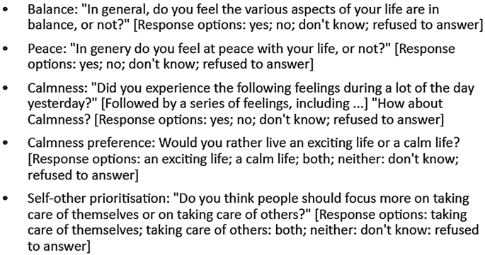 A text page has survey questions about balance, peace, calmness, calmness preference, and self-other prioritisation.