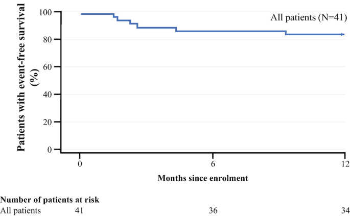 A line graph of patients with event-free survival in percentage versus the months since enrolment. It plots a downward line of all patients where N = 41. A table has a column of the number of patients at risk and a row reading, all patients with the data 41, 36, and 34 below.