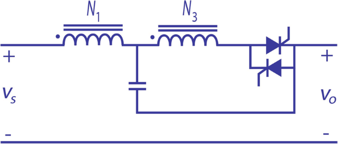 A circuit diagram consists of N subscript 1 in the left arm, N subscript 3 and S C R connections in the right arm, and a capacitor in the vertical arm which connects to the positive terminal of the load. It includes a source voltage V subscript s, and an output voltage V subscript o.