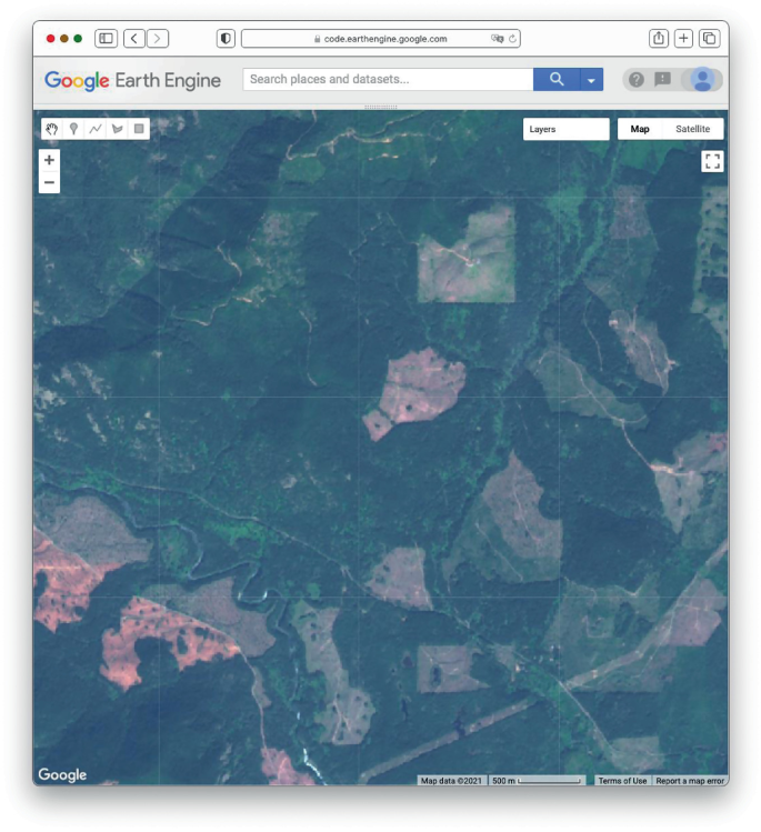 A screenshot of the google earth engine with a map in satellite view on the main screen.