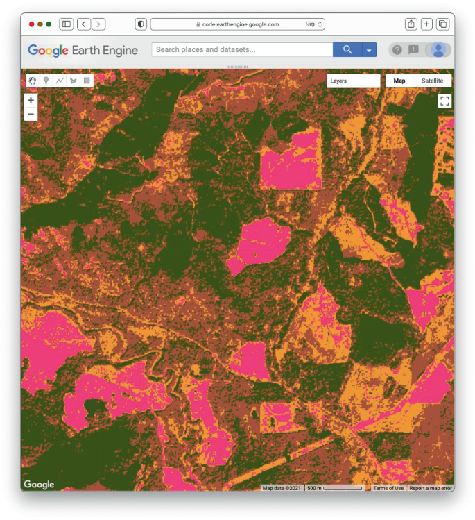 A screenshot of the google earth engine with a satellite map in four-class per-pixel classification result using randomly selected colors on the main screen.