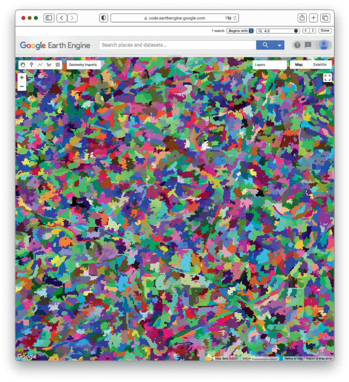 A screenshot of the google earth engine with random S N I C clusters, with randomly chosen colors for each cluster.