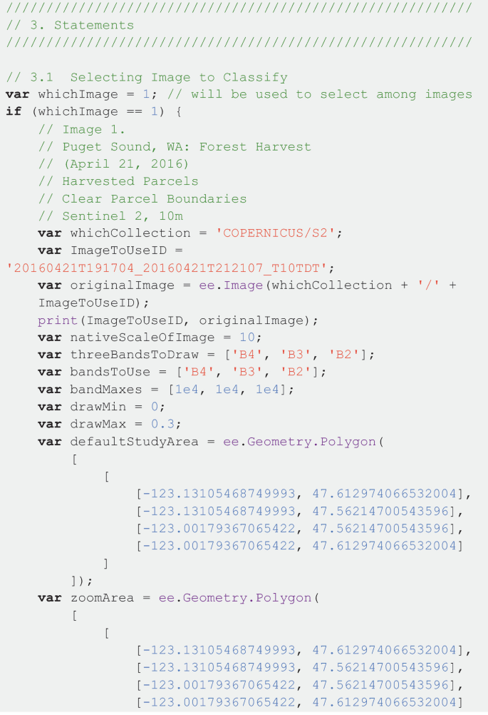 A block of code for 3 statements, 3.1 selecting image to classify. The code has different comments which explain its different parts. The functions used in the code are e e dot image, print, e e dot geometry dot polygon, map dot add layer, and dot select.