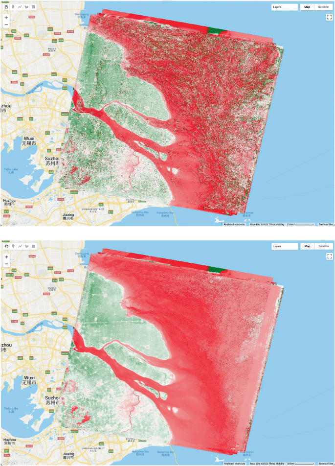 Two satellite images of the study area depict the bright shades generated by the software for the mean and median values.
