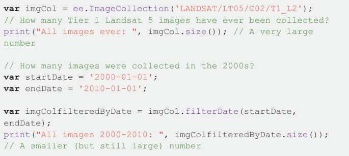 6-line code and 4 command lines. The command line reads as follows. 1. how many tier 1 Landsat 5 images have ever been collected? 2. a very large number. 3. how many images were collected in the 2000s? 4. a smaller number.
