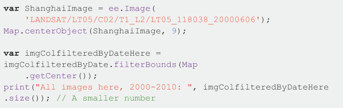 A 4-line code to count the number of images in the Shanghai vicinity. It prints the number of image collections filtered by date.