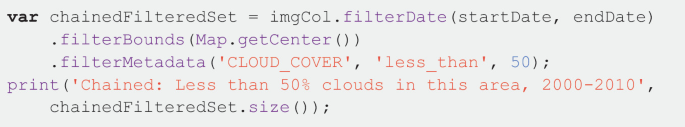 A 2-line code of chained filter set. It prints less than 50% of clouds from 2000 to 2010.