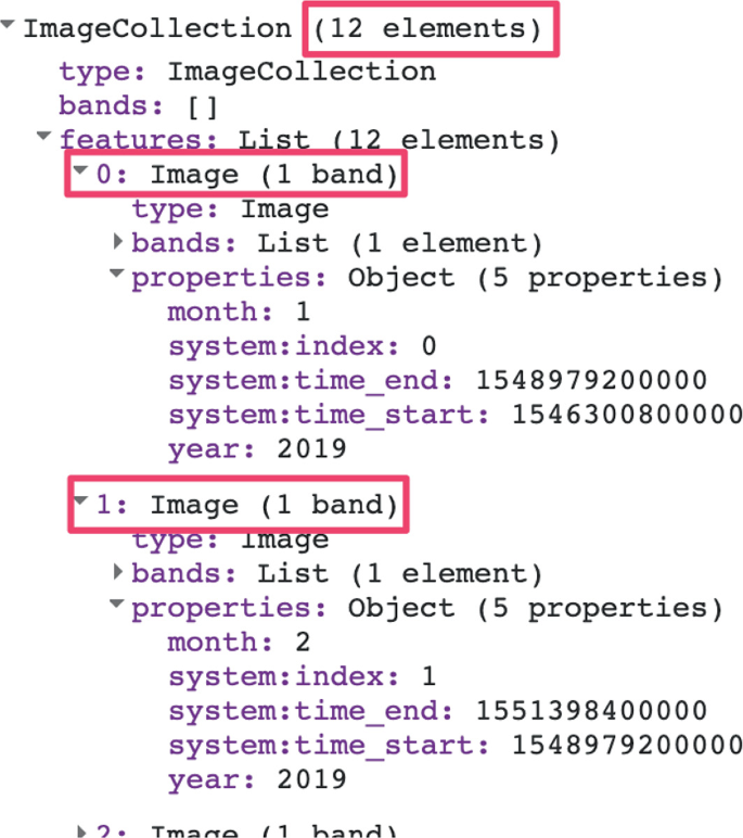 A code with the list of folders for aggregated time series. Type and bands are listed under image collection 12 elements. Type, bands, and properties are listed under 0 image 1 band. Type, bands and properties are listed under 1 image 1 band. 12 elements, 0 image 1 band, 1 image 1 band are highlighted.