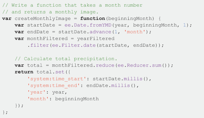 The attributes of the following parameters are dealt with, in this code. Create monthly image, start date, end date, month filtered, and total.