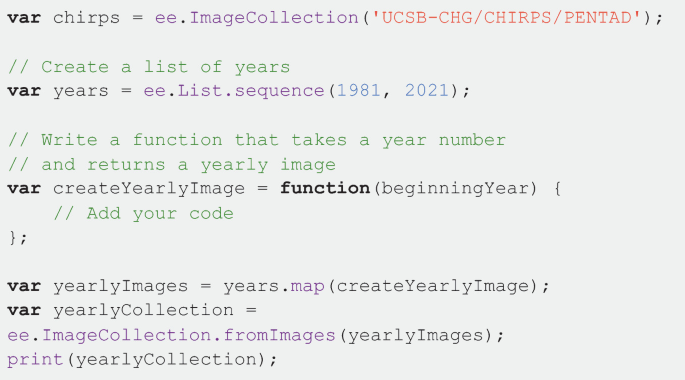 The attributes of the following parameters are dealt with, in this code. Chirps, years, create yearly image, yearly image, and yearly collection.
