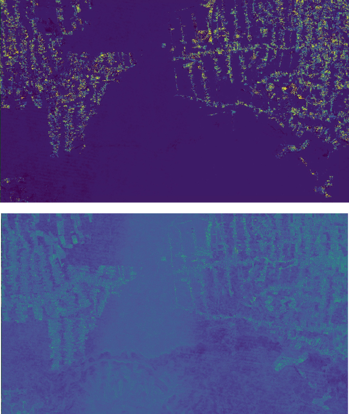 Two satellite images depict the slopes and R M S E of the study area, which are indicated by different shades.