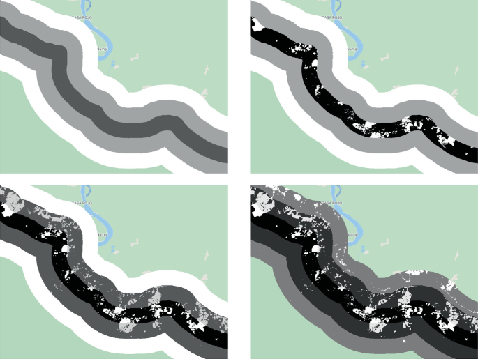 Four illustrations of distance raster with three zones from the La Paya boundary less than 1 kilometer, less than 3 kilometers, and less than 5 kilometers, to estimate the deforestation by distance from the boundary.