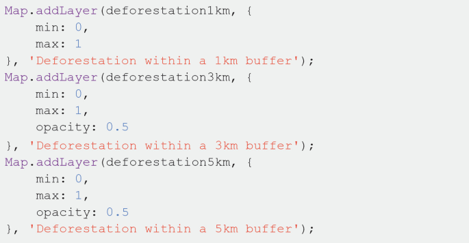 A multi-line script includes the following. Deforestation within a 3 kilometers buffer, map add a layer, minimum 0, maximum 1, opacity 0.5, and deforestation within a 5-kilometer buffer.