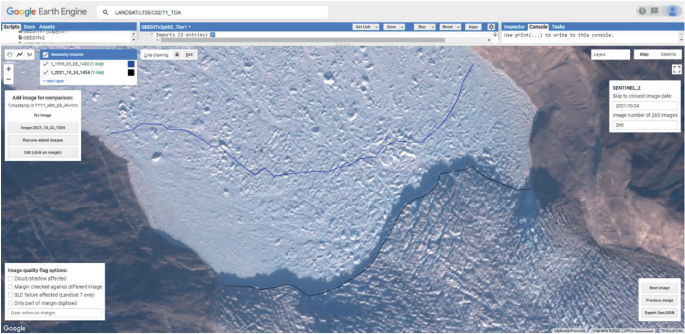 A screenshot of the digitized margin on the glacier of the screen of the Google Earth engine. It has a search box on the top, three pop-up boxes on the left, and two pop-up boxes on the right.