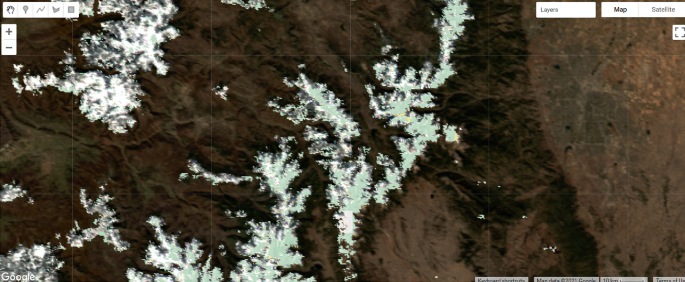 A map highlights gaps on the M O D I S daily true-color image near Denver, Colorado, U S A. The gaps are denoted in lighter shades.