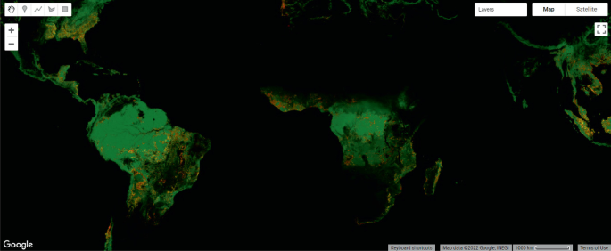 A world map highlights Global Forest Change from 2000 to 2020 and the 2000 tree cover layer. It highlights the northern part of South America and the central part of Africa.