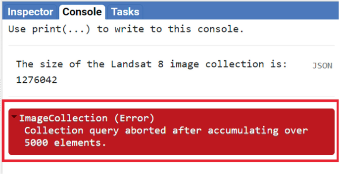 A screenshot exhibits a dialog box. It highlights a text that reads the image collection error and states that the collection query aborted after accumulating over 5000 elements.