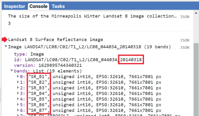 A screenshot of the console window. It highlights the Landsat 8 surface reflectance image bands and the date which denote the bands from 1 to 7 and the id that is 20140318.