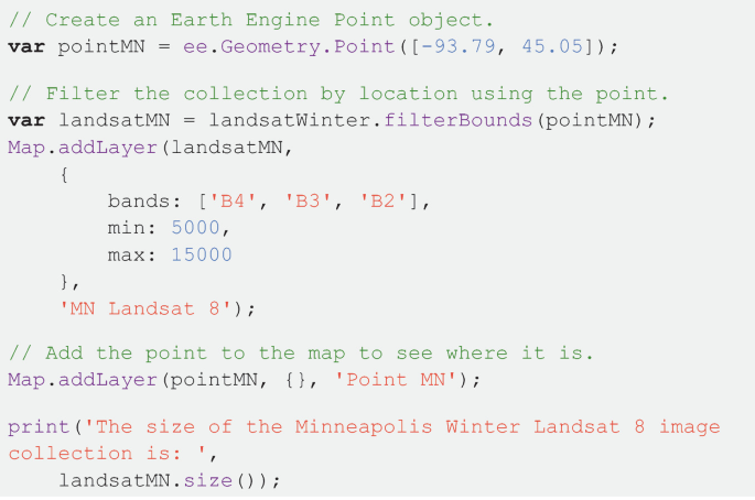 13 lines of code to create an earth engine point object, to filter and add the point to the map. It prints the size of the Minneapolis winter Landsat at the end.