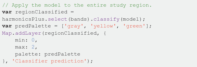 An 8-line code written in JavaScript for the following function, apply the model to the entire study region.