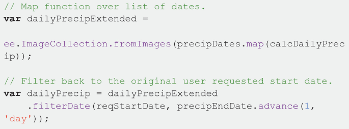 A snippet of several lines of code. It includes functions of section 3.2 calculate daily precipitation, function c a l c daily precip, cur date = e e dot date, var cur year, var cur doy, var t o t p r e c, return t o t p r e c, map function, and var daily precip extended, among others.