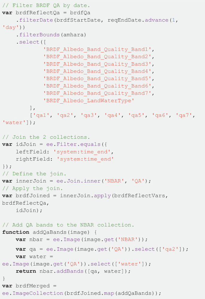 A snippet of several lines of code. It includes functions of section 5 spectral index N D W I, section 5.1 calculate N D W I, filter B R D F-adjusted reflectance, var b r d reflect vars, dot filter date, var b r d reflect Q a, var i d join, var inner join, and function add Q a bands, among others.