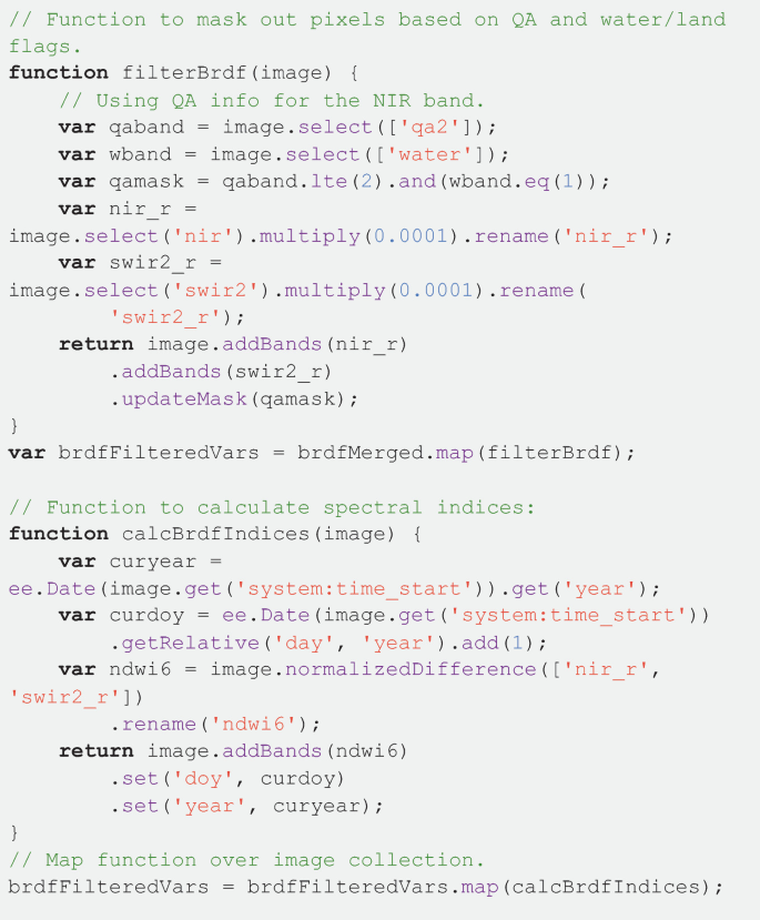 A snippet of several lines of code. It includes functions of var q a = e e dot image, var water = e e dot image, return n bar dot add bands, var b r d merged, function filter B r d f, var q a band, var w band, return image dot add bands, and function c a l c B r d f indices, among others.