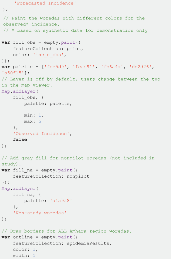 A snippet of several lines of code. It includes functions of var fill underscore o b s, var palette, map dot add layer, fill underscore o b s, var fill underscore n a, var outline = empty dot paint, and add woreda boundaries to map, among others.