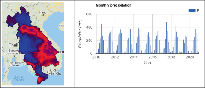 A map exhibits the contour area of the lower Mekong basin. A histogram of precipitation in millimeters versus years from 2010 to 2020.