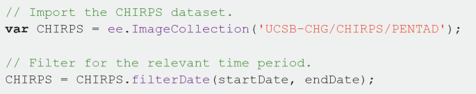 4-line pseudocode for import the C H I R P S dataset and filter for the relevant time period.