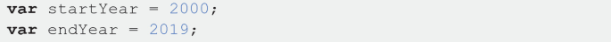 A two-line code reads, var start year = 2000 semicolon, var end year = 2019 semicolon.