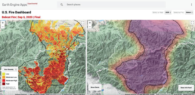 A screenshot displays the U S fire dashboard on September 6, 2020. On the left, the region of low, moderate-low, moderate-high, and high are indicated with different colors. On the right, a burned area is bordered by a line.