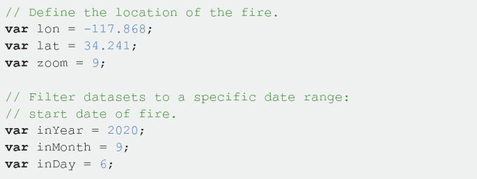 A 9-line pseudocode to define the location of the fire, filter datasets to a specific date range, and start date of the fire.