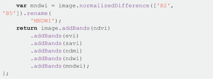 The continuation of the last code includes 11 code lines for the vegetation indices. It includes the var data type and addIndices function.