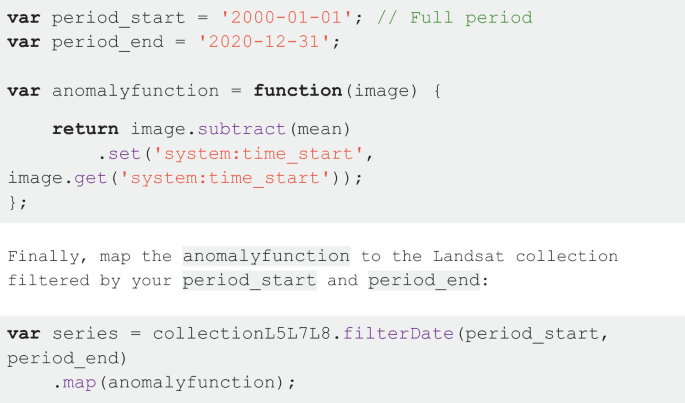 A 6-line code of the javascript for the following functions, v a r period underscore start, v a r period underscore end, and v a r anomaly function. It returns the image dot subtract.