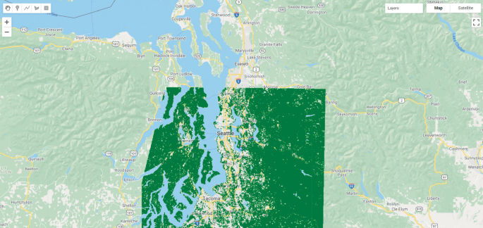 A satellite map of Seattle, Washington, U S A with the updated 5-corner mask that highlights the center of Seattle.