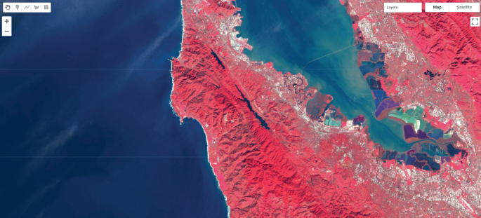 A satellite map depicts false color sentinel-2 regions of San Francisco.