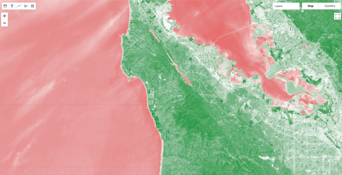 A satellite map of San Francisco with color codes of N D V I calculated distribution using sentinel-2. The region without settlement has high amounts of vegetation while the regions with settlement are vice-versa.